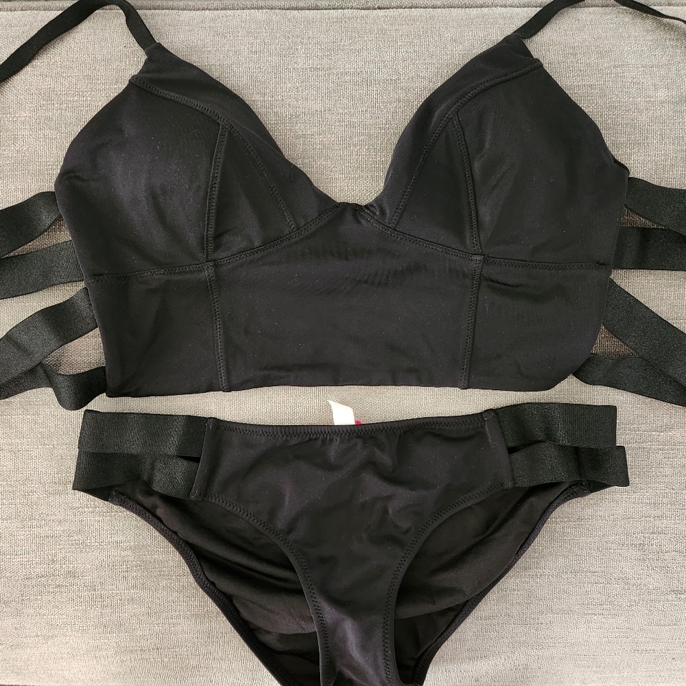 VS Victorias Secret Swim Black Longline Strappy Bikini set Small